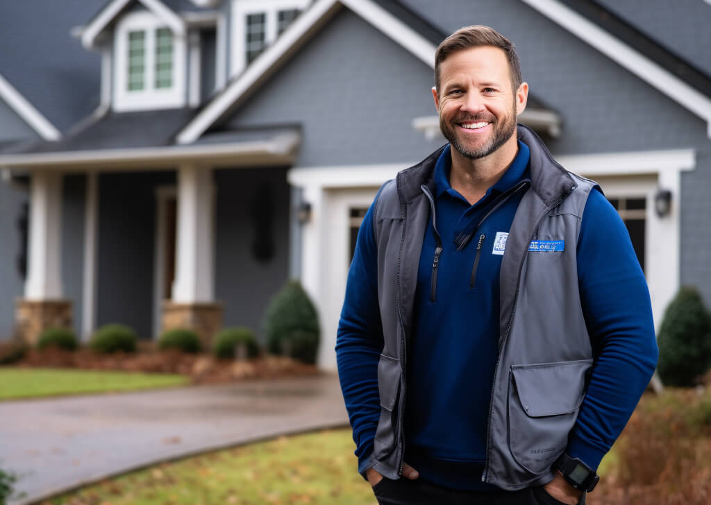 a man smiling in front of a house